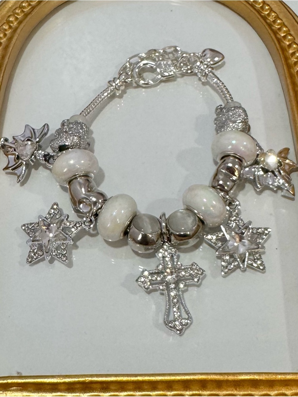 New Silver & White Charm Bracelet with White Beads and Cross & Star Pendants
